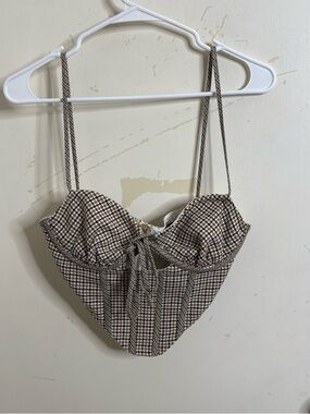 Jagger & Stone Structured Houndstooth Print Tie-Front Corset Tank Top